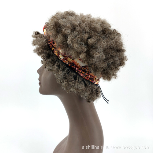 Short Headband Wig Afro Wave  Synthetic Wigs with Brown Mix White Hair for women